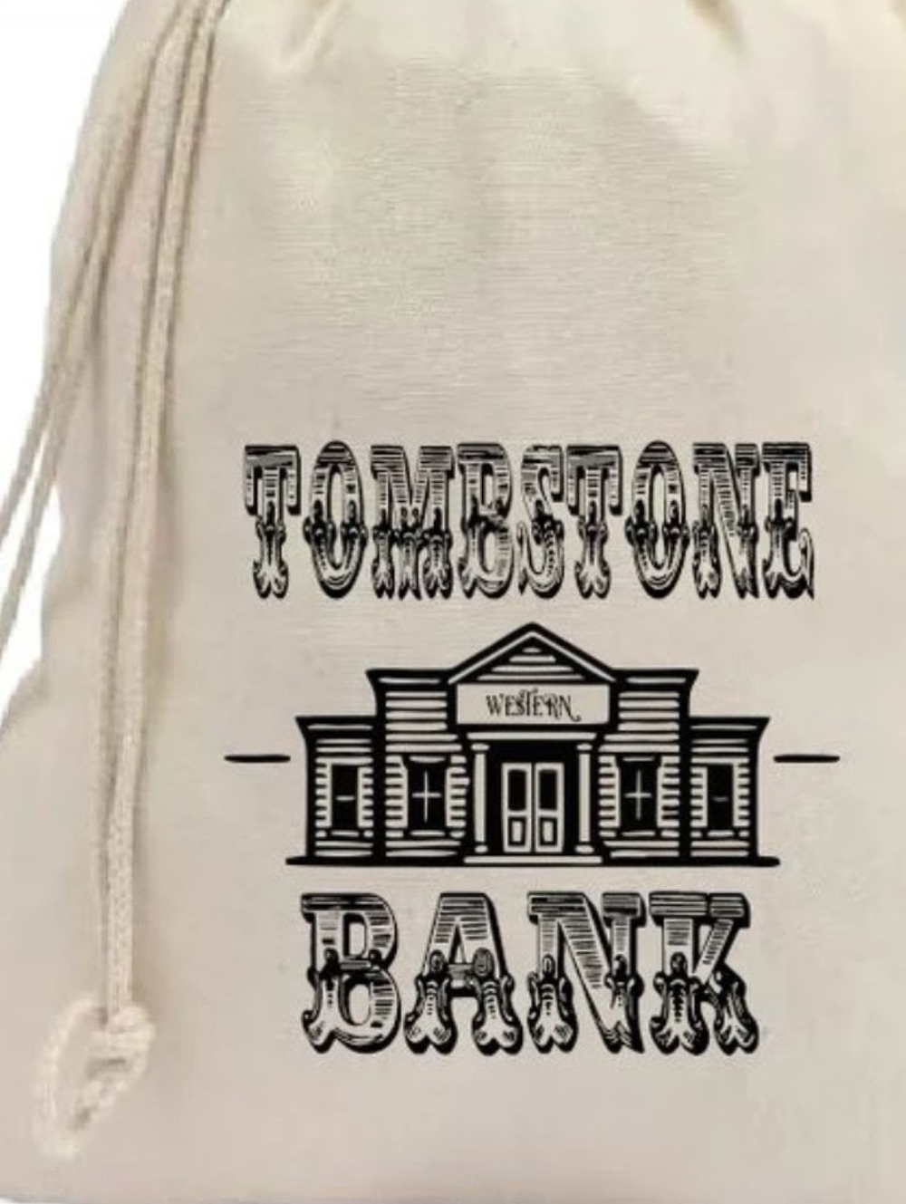 Tombstone Bank Drawstring Bag in Natural with Black Print Small Bag